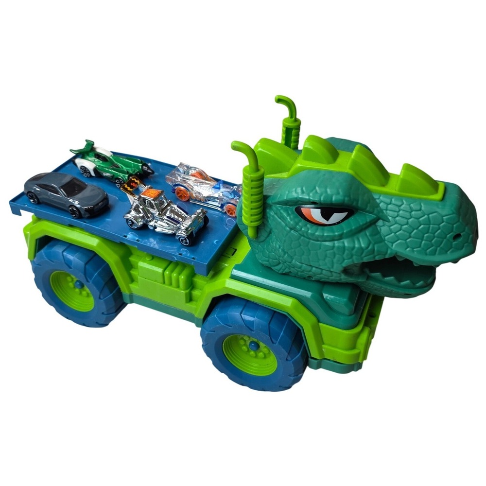 Hot Wheels Monster Trucks T-Rex Transporter Hauler Toy with 4 Die-Cast Cars G1
